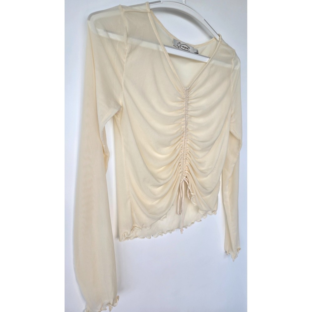 Propaganda Mesh Pull Over Ruched Cinched Top Ivory Women Sz M Y2K Whimsy Festive - Picture 3 of 16
